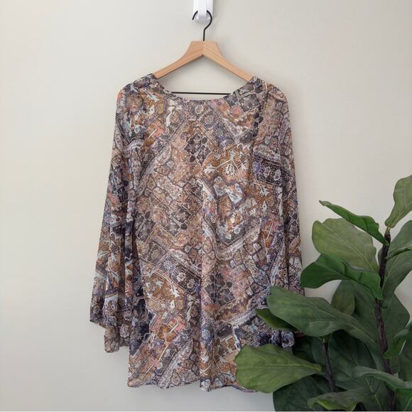 Show Me Your MuMu Sheer Bell Sleeve Boho Pattern Dress Mini Lined Bohemian Flowy - Picture 2 of 6